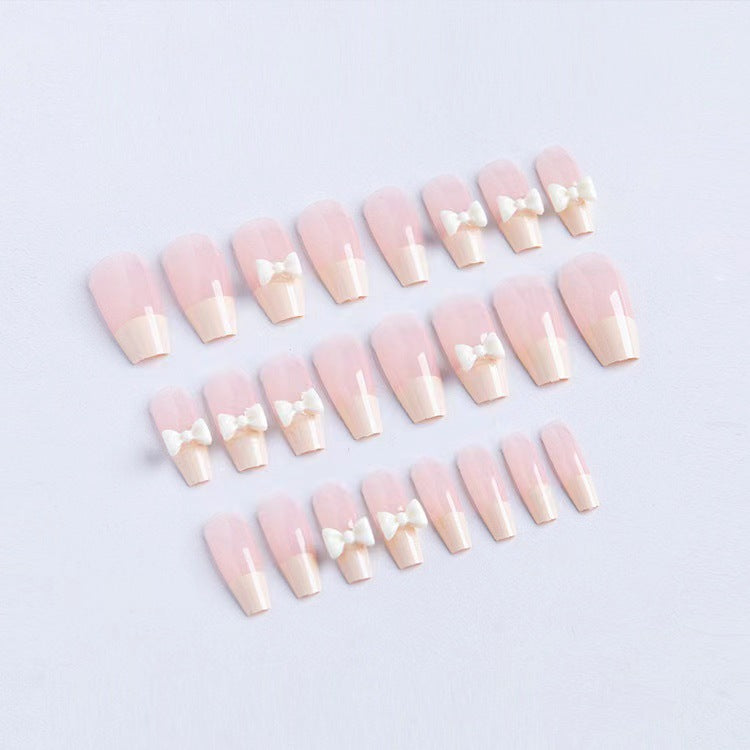 Cream yellow bow wearing nail piece cute student white fake nail manicure