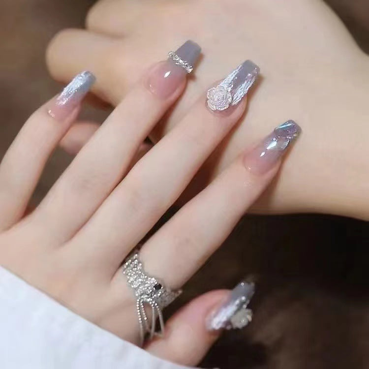 Blue and gray camellia finished product wearing nail fake nail piece nail patch explosion influencer