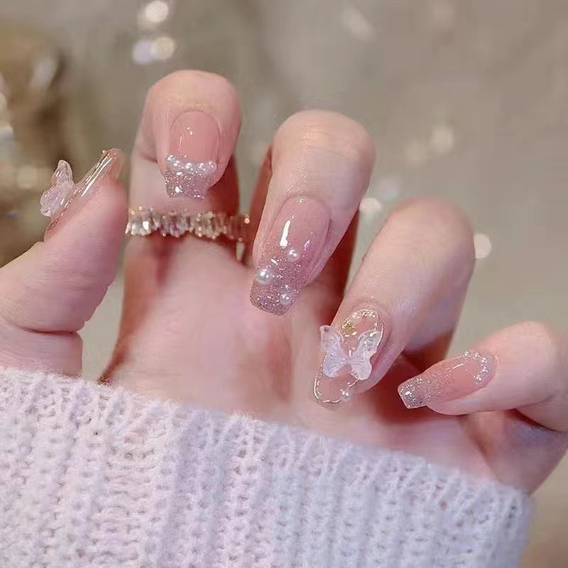 Pink broken flash three-dimensional butterfly finished product wearing nail art nail piece fake nail