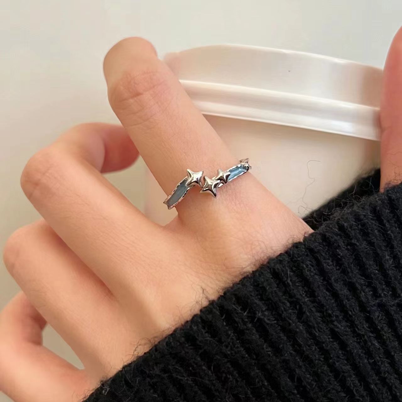 Blue Star Open Ring Ring Women's ins Niche Personality Index Finger Ring Opening Adjustable Simple Versatile Index Finger Ring
