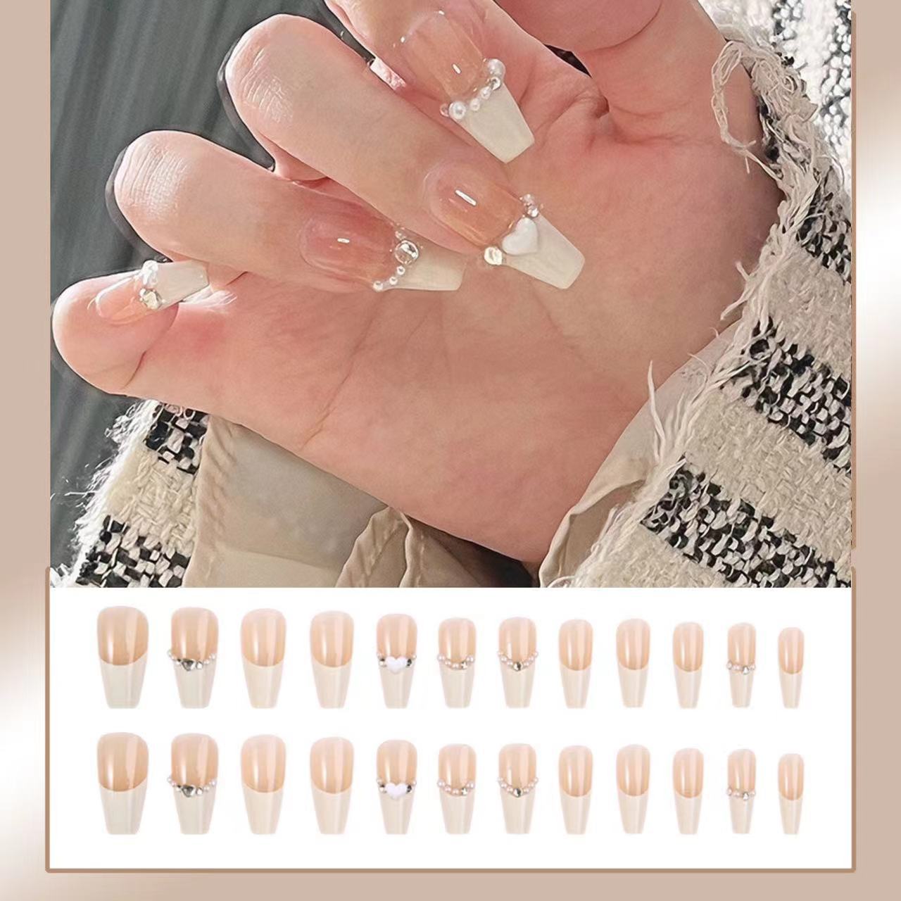 Milk white French love diamond-encrusted nail art sticker hand-worn nail removable fake nail sweet cool nail Influencer