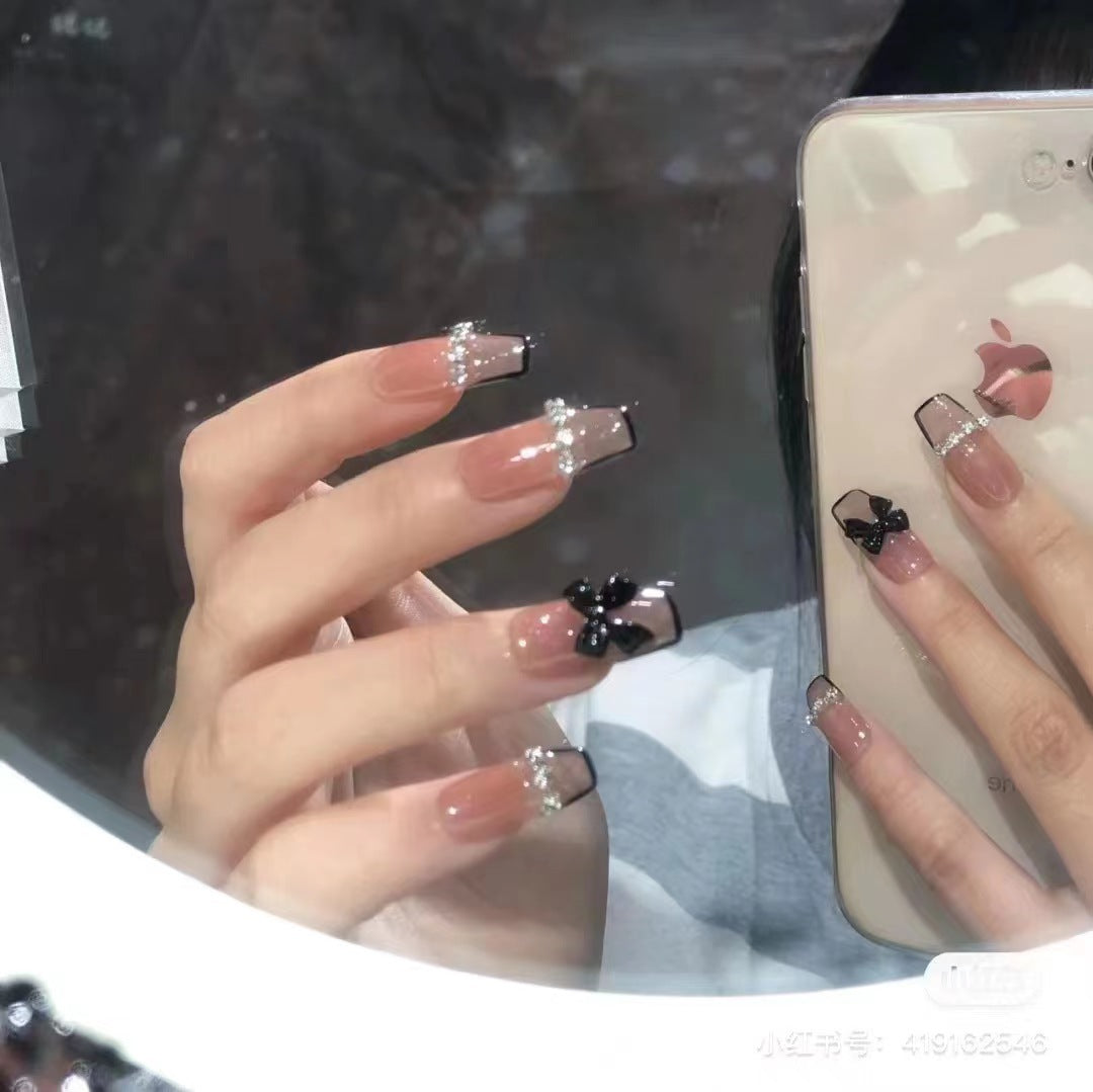 Black butterfly silver chain handmade high-end long sticker flash diamond French whitening removable wearable nail art piece