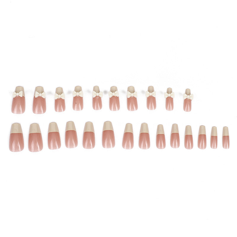 Cream yellow bow wearing nail piece cute student white fake nail manicure