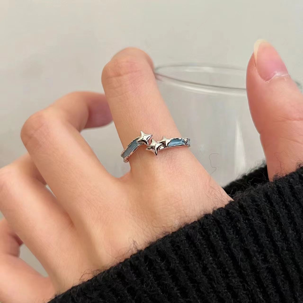 Blue Star Open Ring Ring Women's ins Niche Personality Index Finger Ring Opening Adjustable Simple Versatile Index Finger Ring