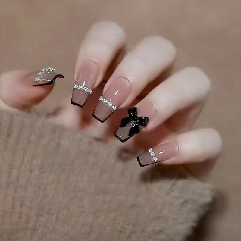 Black butterfly silver chain handmade high-end long sticker flash diamond French whitening removable wearable nail art piece