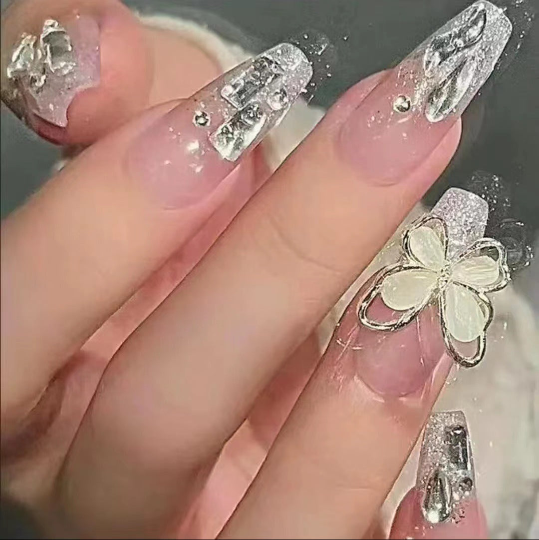 Cat's eye big butterfly burst flash wearing nail finished nail art fake nail sweet cool temperament sweetheart removable white