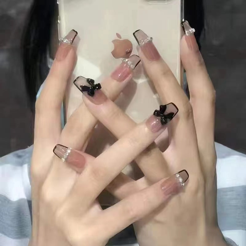 Black butterfly silver chain handmade high-end long sticker flash diamond French whitening removable wearable nail art piece