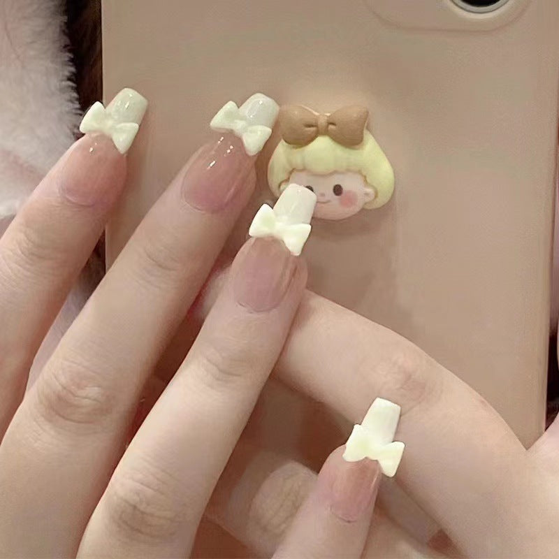 Cream yellow bow wearing nail piece cute student white fake nail manicure