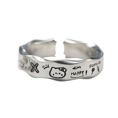 [In Stock]Kitty cat Pacha dog couple graffiti ring niche design cute cartoon minimalist wavy edge index finger ring
