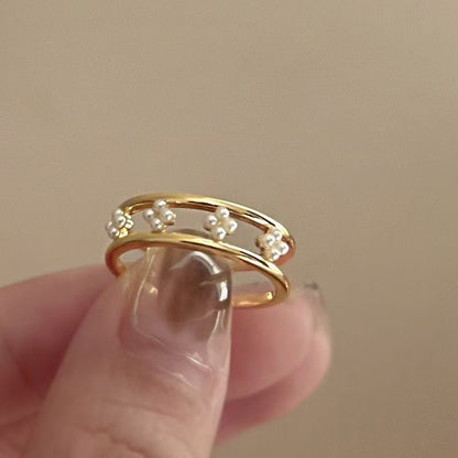 French light luxury ring double-layer national style pearl flower niche design ring female index finger temperament simple open ring