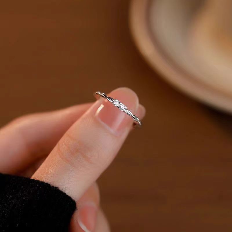 Color twist double diamond ring women's high-end sense simple plain ring adjustable ring ins niche cold wind tail ring