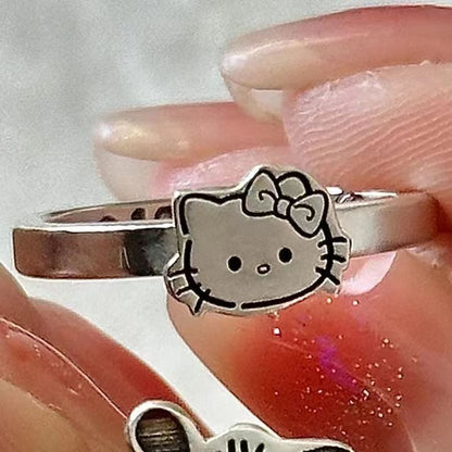 [In Stock]Kitty cat Pacha dog couple graffiti ring niche design cute cartoon minimalist wavy edge index finger ring