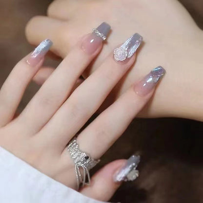 Blue and gray camellia finished product wearing nail fake nail piece nail patch explosion influencer