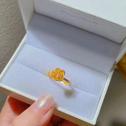 [In Stock]Light Luxury Versatile Premium Sense Yellow Gold Rose Ring Women's New Flower Opening Ring Gift