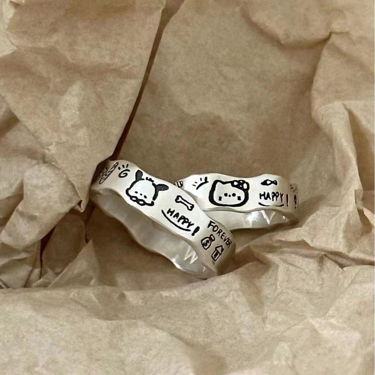 [In Stock]Kitty cat Pacha dog couple graffiti ring niche design cute cartoon minimalist wavy edge index finger ring