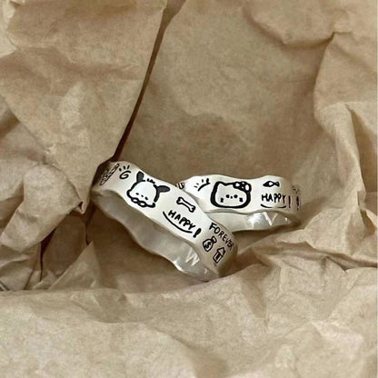 [In Stock]Kitty cat Pacha dog couple graffiti ring niche design cute cartoon minimalist wavy edge index finger ring