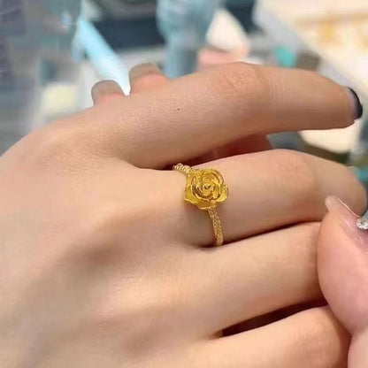 [In Stock]Light Luxury Versatile Premium Sense Yellow Gold Rose Ring Women's New Flower Opening Ring Gift