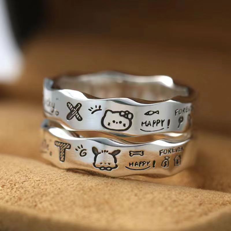 [In Stock]Kitty cat Pacha dog couple graffiti ring niche design cute cartoon minimalist wavy edge index finger ring