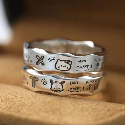 [In Stock]Kitty cat Pacha dog couple graffiti ring niche design cute cartoon minimalist wavy edge index finger ring