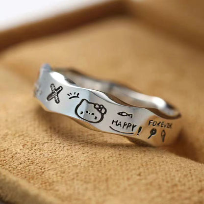 [In Stock]Kitty cat Pacha dog couple graffiti ring niche design cute cartoon minimalist wavy edge index finger ring