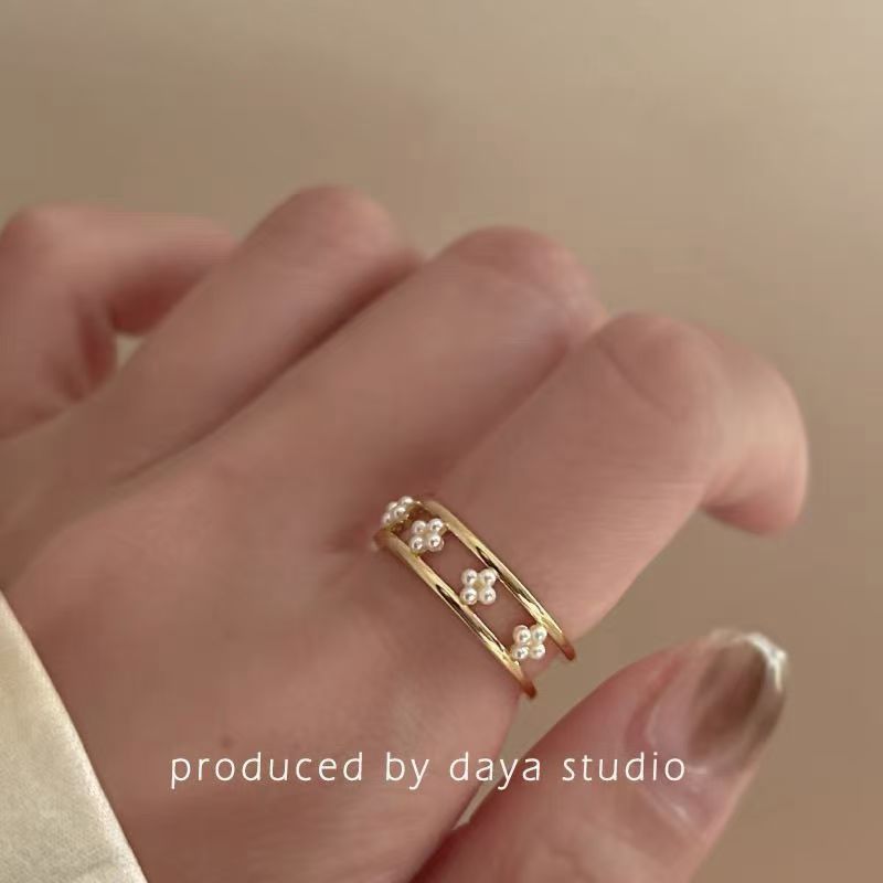 French light luxury ring double-layer national style pearl flower niche design ring female index finger temperament simple open ring