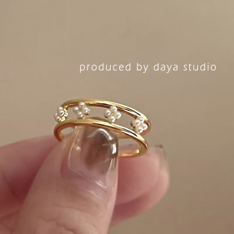 French light luxury ring double-layer national style pearl flower niche design ring female index finger temperament simple open ring