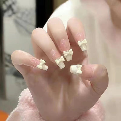 Cream yellow bow wearing nail piece cute student white fake nail manicure