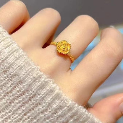 [In Stock]Light Luxury Versatile Premium Sense Yellow Gold Rose Ring Women's New Flower Opening Ring Gift