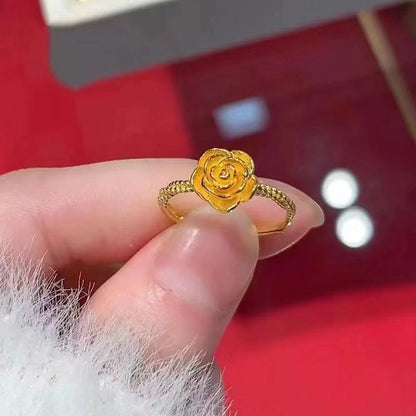 [In Stock]Light Luxury Versatile Premium Sense Yellow Gold Rose Ring Women's New Flower Opening Ring Gift