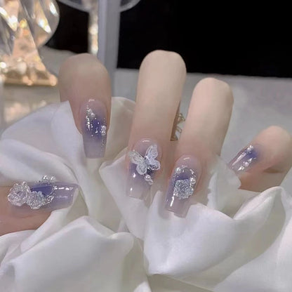 Yufei manicure purple butterfly patch pure desire fairy medium and long wearing nail piece camellia fake nail piece
