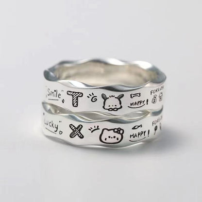 [In Stock]Kitty cat Pacha dog couple graffiti ring niche design cute cartoon minimalist wavy edge index finger ring