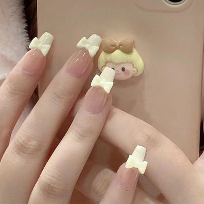 Cream yellow bow wearing nail piece cute student white fake nail manicure