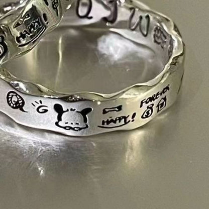[In Stock]Kitty cat Pacha dog couple graffiti ring niche design cute cartoon minimalist wavy edge index finger ring